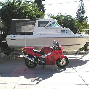 My two favorite toys - '98 VFR800FI and GlasPly boat