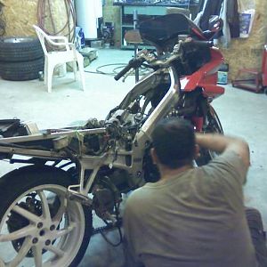 97 V-4 bolted to frame at last