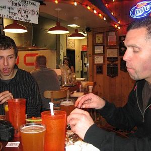 Jason and Casey testing hotness of wings...