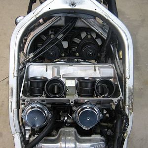 Carbs and upper radiator assembly installed.